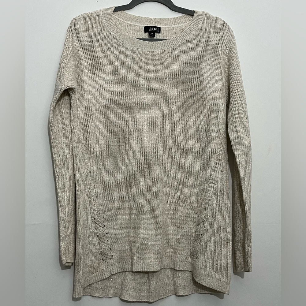 ANA Ivory Beige Gold Metallic Thread Lace-Up Knit Sweater PM Cozy Chic - Picture 2 of 8
